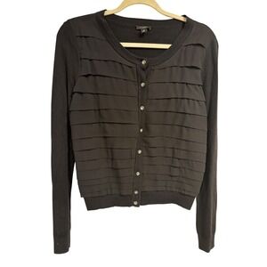 Ann Taylor Black Ruffle Front Cardigan Rhinestone Button Cashmere Silk Blend M